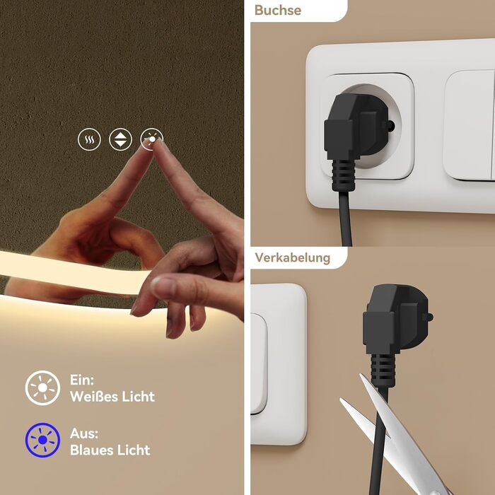 Дзеркало для ванної кімнати YOURLITE з підсвічуванням, 85x55 см, LED, сенсорне керування, 3 кольори світла, регулювання яскравості, антизапар, горизонтальне/вертикальне, IP44, білий