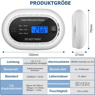 Детектор чадного газу з батареєю на 10 років, LCD-дисплеєм, акустичним сигналом 85dB, функцією вимкнення звуку, для безпеки вдома, EN50291, автономний, чорний