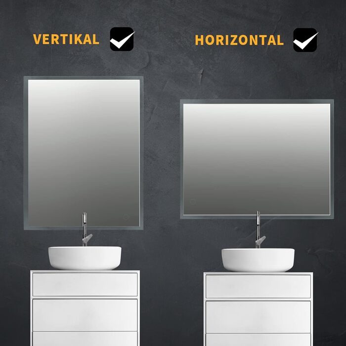Дзеркало для ванної кімнати Puchika з підсвічуванням, LED-дзеркало 50x70 см, регульоване, тепле/холодне/нейтральне світло 3000-6400K, IP44, A+, сенсорне керування, 3 кольори світла