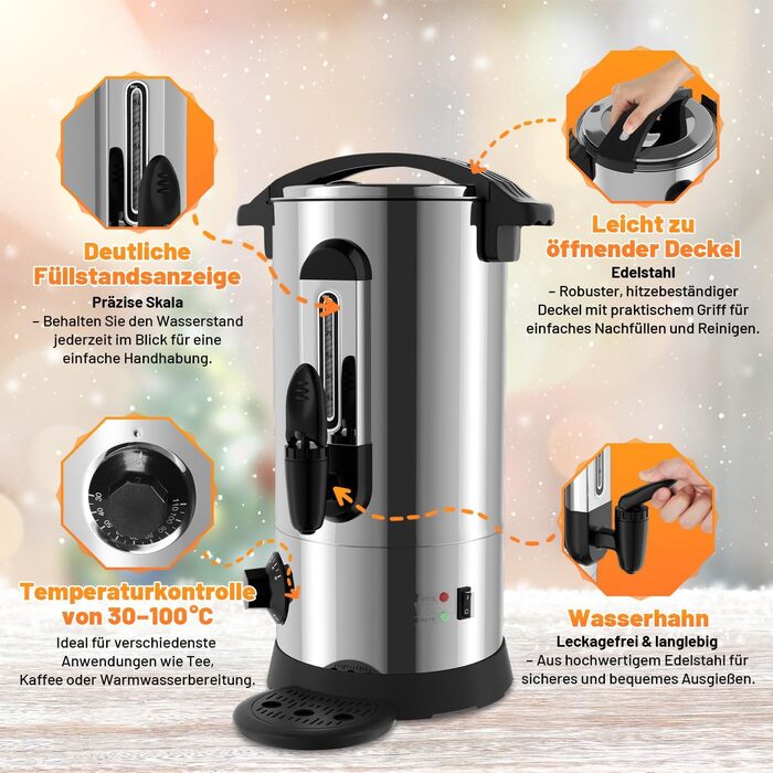 Глювайновий нагрівач з 10 чашками | 1500W нагрівач гарячих напоїв з нержавіючої сталі з термостатом 30–110°C, функцією підігріву та краном | Глювайновий автомат для вечірок (8л, срібний)