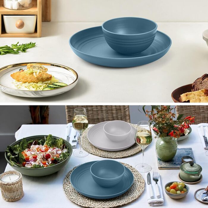 Набір посуду Odoland на 4 особи, 17 предметів: тарілки, миски, чашки (пластик, блакитний/сірий)