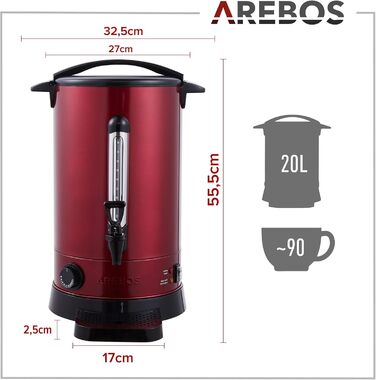 Електричний глінтвейнер Arebos 1650W - диспенсер гарячих напоїв, 20 л, з піддоном, краном, термостатом та захистом від перегріву. Регулювання температури 30-110 °C. Червоний колір.