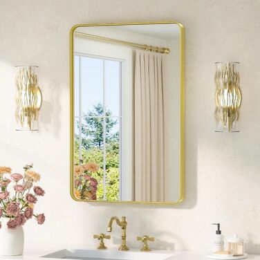 Дзеркало настінне TETOTE 40x50 см, прямокутне, з металевим каркасом, для ванної кімнати, з закругленими кутами, скло загартоване, золотий колір