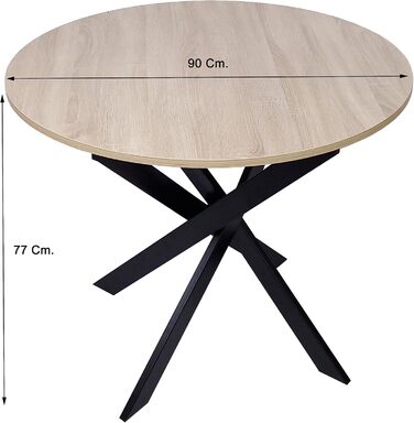 Круглий обідній стіл Skraut Home Zen | 90x90x77 см | Для вітальні | На 4 особи | Матеріал: дуб, чорні ніжки