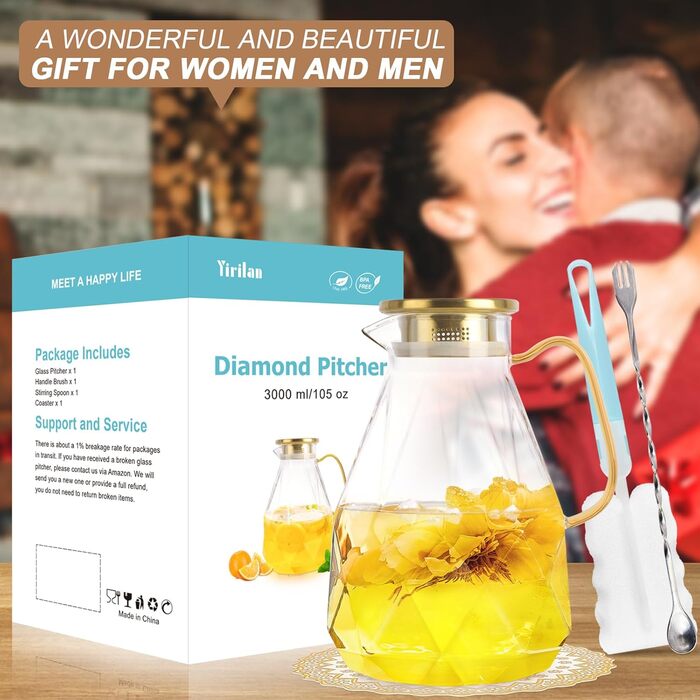 Скляна карафа Yirilan 2.2 л з кришкою, 74 унції, для води, 3 літри