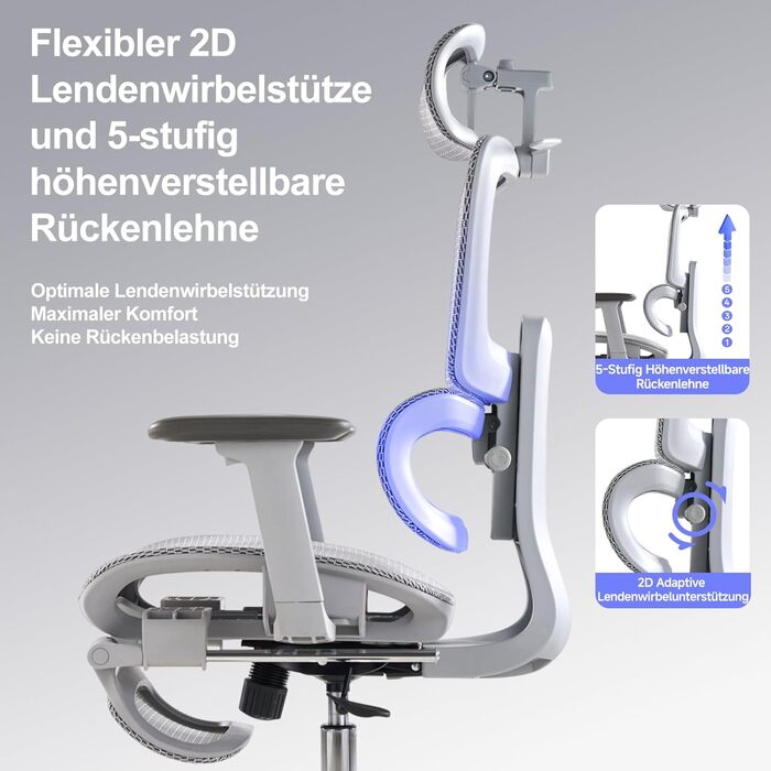 Ергономічне крісло для офісу з підніжкою та подушкою для шиї, 5-рівнева регульована спинка, 2D підтримка попереку, 3D підлокітники/підголівник, функція нахилу 145°, сітчасте сидіння, гумові колеса (Сірий, Lite)