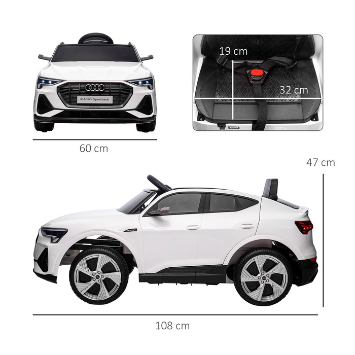 HOMCOM Електромобіль для дітей 12V, модель Audi E-tron з дистанційним керуванням, ременем безпеки, музикою (MP3/USB/TF), ідеальний для дітей 3-5 років, максимальна швидкість 3-5 км/год, колір – білий.