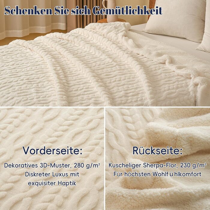 Плед Sherpa Fleecedecke: теплий та м'який плед 152x203 см, сертифікат Oeko-TEX®, з туфтованого жакарду, кремового кольору