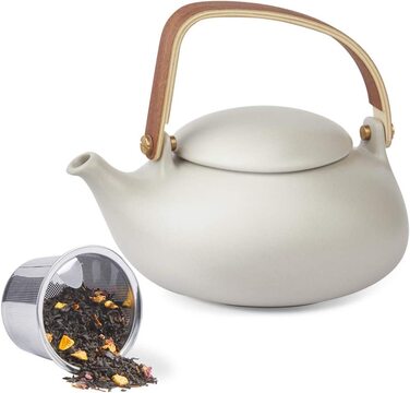Чайний сервіз ZENS, фарфор з ситечком, матовий японський чайник з дерев'яною ручкою об'ємом 800 мл, керамічний білий з 4 чашками і ротанговою підставкою для розсипного чаю, подарунок (02-сірий чайник)