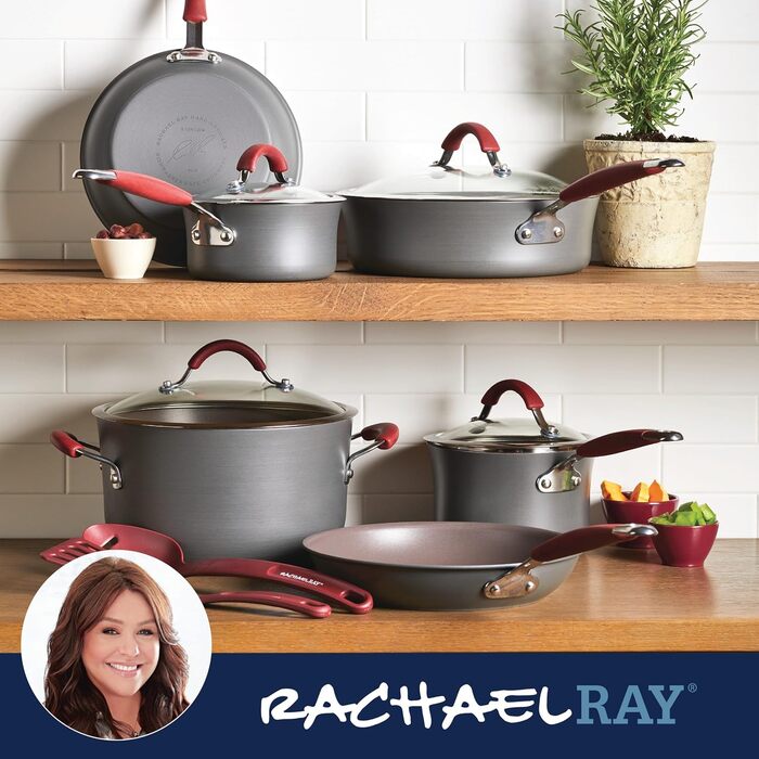 Набір посуду Rachael Ray Cucina Harteloxiertes Antihaft з антипригарним покриттям, з нержавіючої сталі, сірий з червоними ручками