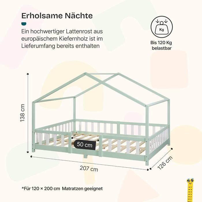 Дитяче ліжко Treviolo Hausbett від en.casa: дерев'яне ліжко Montessori з захистом від падіння, 120x200 см, сосна, колір дерева (м'ятний/білий)