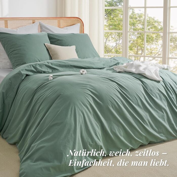 Бетлінова постільна ковдра 200x220 з бавовни, бежевого кольору, супер м'яка, 100% бавовна, попередньо випрана, з льоноподібною текстурою, сертифікат ÖKO-TEX, комплект постільної білизни 200x220 + 2 наволочки 80x80 з блискавкою (200x220 см (3-piece), салатовий колір)