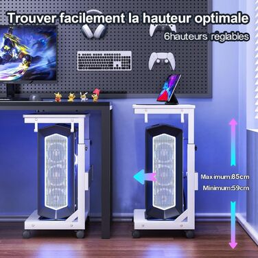 Регульована підставка для комп'ютерного блоку з 2 полицями та місцем для зберігання - для корпусів ATX, принтерів, з фіксуючими колесами (білий, 64 x 64 x 59-84,5 см)