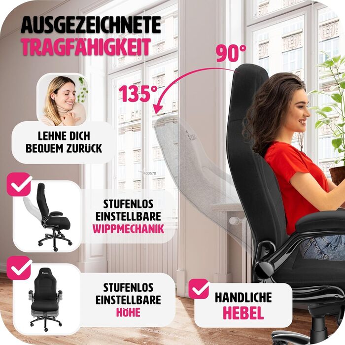 Офісний крісло tectake з регульованими підлокітниками та функцією гойдання, обертовий крісло з регулюванням висоти та роликами, крісло для керівника з тканинним покриттям, ергономічне офісне крісло, комп'ютерне крісло - чорне