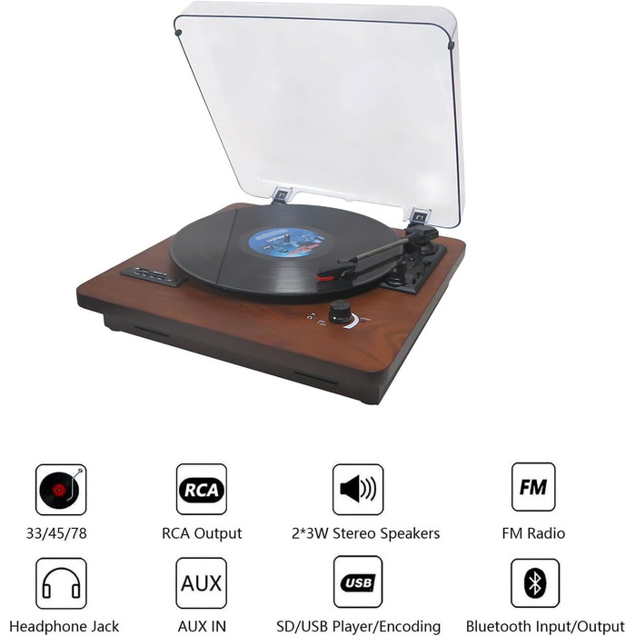 Вініловий програвач із Bluetooth, динаміками, FM-радіо, USB/SD, 33/45/78 об/хв, RCA/AUX, горіх