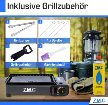 Z.M.C. 2-в-1 газовий набір для кемпінгу: плита та гриль з аксесуарами та кейсом. Газовий гриль та плита з пьезозапалюванням, 2.2kW, LPG-підключення