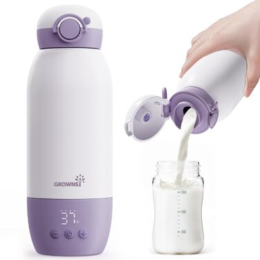 Підігрівач для пляшечок GROWNSY: портативний, для подорожей, 10000mAh, 600мл, точний контроль температури, рожевий/фіолетовий