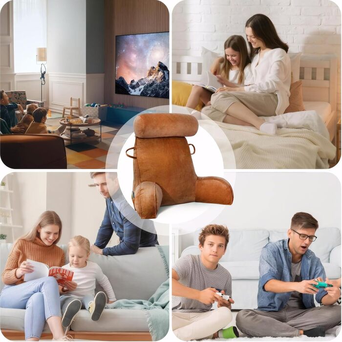 М'яке крісло-подушка для читання з велюру, для дорослих, з підставкою для спини та підлокітниками, з кишенею та знімним чохлом (колір кава)