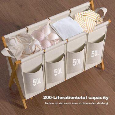 Кошик для білизни AdelDream з 3 відділеннями, 150л, бамбук, сортувальник, сірий