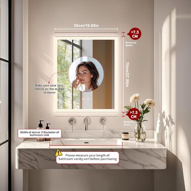 Дзеркало для ванної кімнати LUVODI з підсвічуванням 40x50 см: регульоване LED дзеркало з 3 кольорами світла, 2 сенсорні кнопки, запобігає запотіванню, водонепроникне, монтаж на стіну (70L x 50B см)