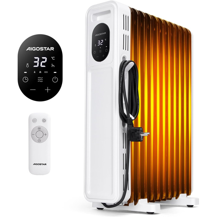 Електричний масляний радіатор Aigostar Cozy 2300W з пультом дистанційного керування, 11 ребер, термостат, 3 режими, таймер 24г, LED-дисплей, захист від перекидання та перегріву, мобільний обігрівач для кімнати