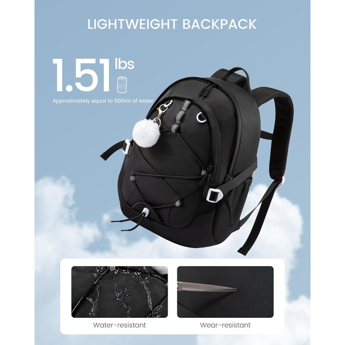 Шкільний рюкзак LOVEVOOK для підлітків, 5 клас, з нагрудною стрічкою, легкий, для дівчаток, 17.3 дюйми (Чорний)