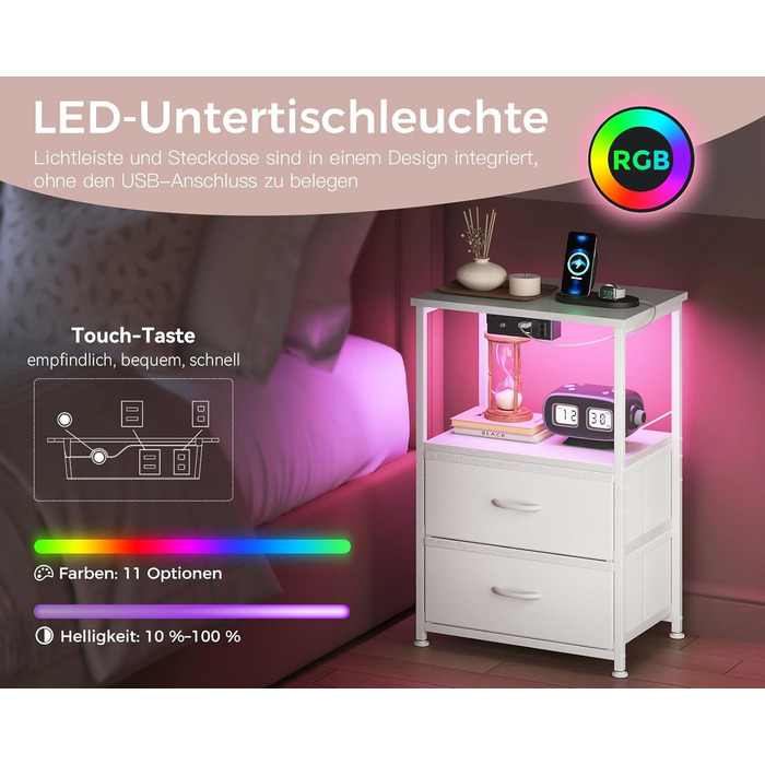 Приліжкова тумбочка Coleshome біла з USB, розеткою та LED-підсвіткою, 2 висувні ящики та полиця, для невеликих спалень, 40x30x60 см, в упаковці 1 шт.