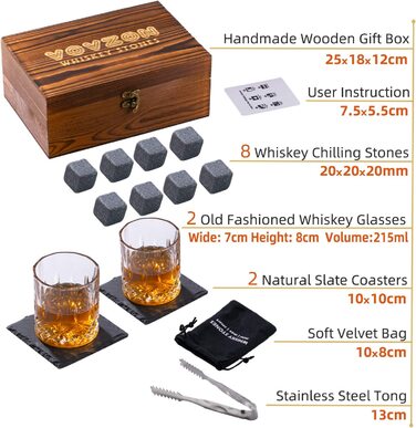 Камені для віскі з келихами подарунковий набір для чоловіків-8 охолоджуючих каменів для віскі, шотландського бурбона, 2 склянки для віскі в дерев'яній коробці-Wei