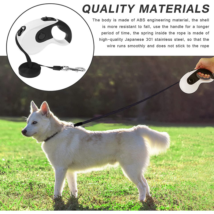 Висувний повідець для собак KEESIN, протиковзка ручка для повідця малого і середнього розміру з відкидною кришкою, мішок для сміття, нейлоновий нашийник із захистом від заплутування і поворотний Гачок на 360 (білий, 5 м) 5 м білого кольору