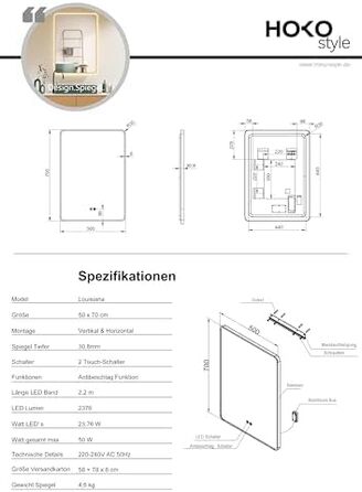 Дзеркало для ванної кімнати HOKO LED Texas 60x80 см з підсвічуванням, нагрівом проти запотівання та чорним металевим каркасом. Можливість монтажу "вверх-вниз". Сенсорне управління, зміна кольору світла 2700-6500K (тепле, холодне, нейтральне біле