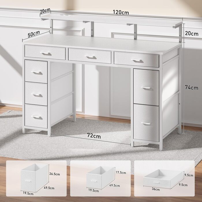 Комп'ютерний стіл з 8 висувними ящиками, 2 розетками та USB-портами, LED-підсвічуванням та підставкою для монітора, 120 x 50 x 74 см, білий
