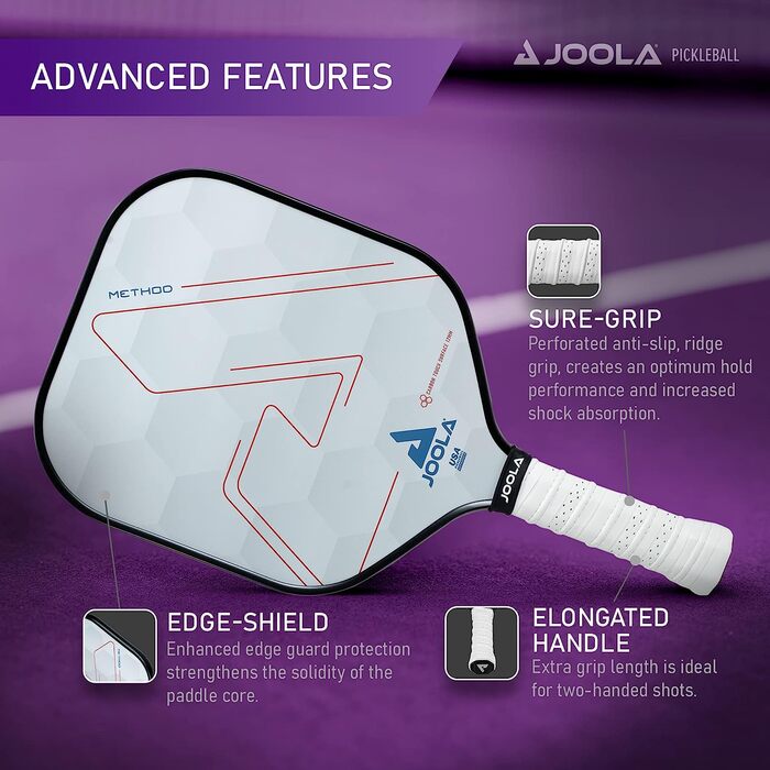 Лопатка для піклболу Joola Method з гладкою або текстурованою вуглецевою поверхнею для максимального обертання і контролю, поліпропіленова, з стільниковим сердечником, ключка для піклболу, доступна у версіях 12 мм і 14 мм методом CTS 12 мм