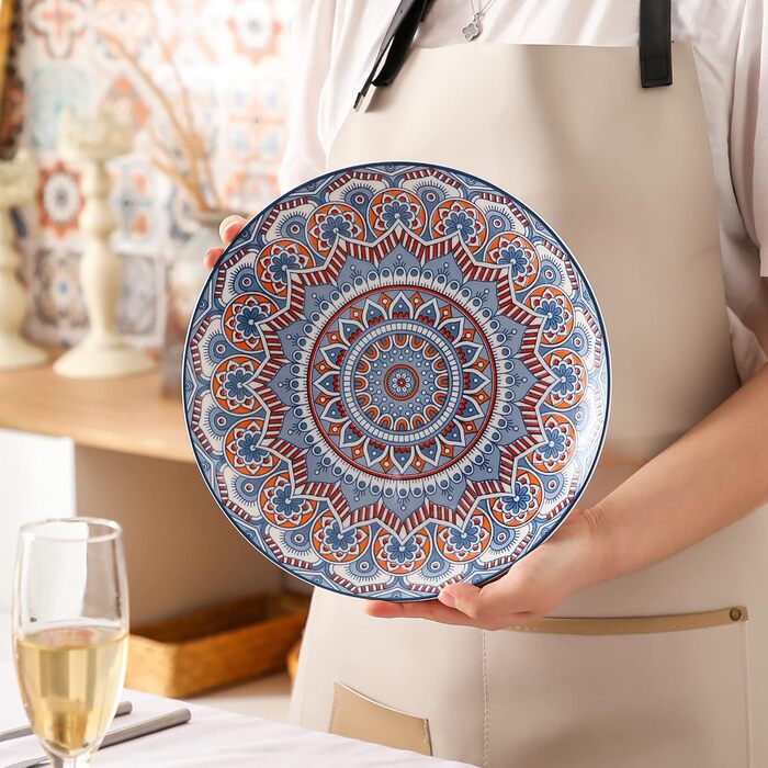 Посуд Vancasso MANDALA 16 предметів, керамічний набір для 4 осіб, розпис ручної роботи, богемський стиль (4 тарілки обідні, бірюзовий мандала)