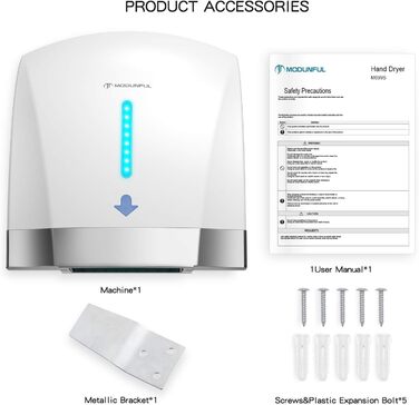 Автоматичний сушар для рук Modunful з інфрачервовим сенсором, настінний, 2000W, тихий (40 dB), ABS-покриття, білий