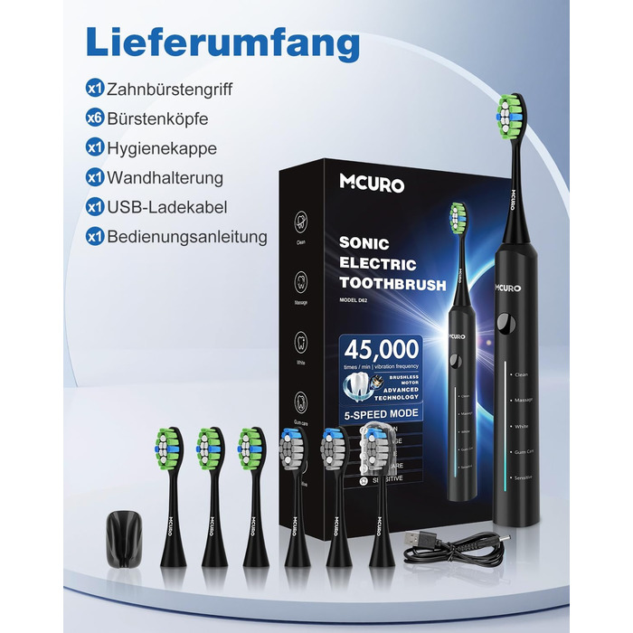 Електрична звукова зубна щітка, 45000 VPM, відбілювання за 1 тиждень, 120 днів роботи від акумулятора, індикатор заряду, 6 насадок DuPont, 5 режимів, таймер, чорна