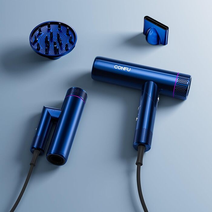 Професійний іонізаційний фен для волосся CONFU 1700W, складаний фен з магнітним диффузором та стилізуючою насадкою, низький рівень шуму, синій