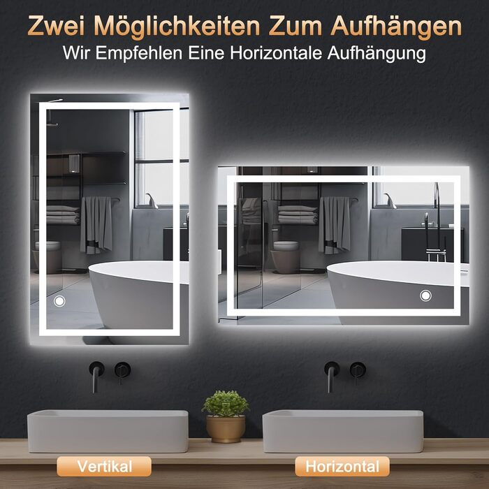 Дзеркало для ванної кімнати зі світлодіодним підсвічуванням 50x70 см, з сенсорним вимикачем, срібне