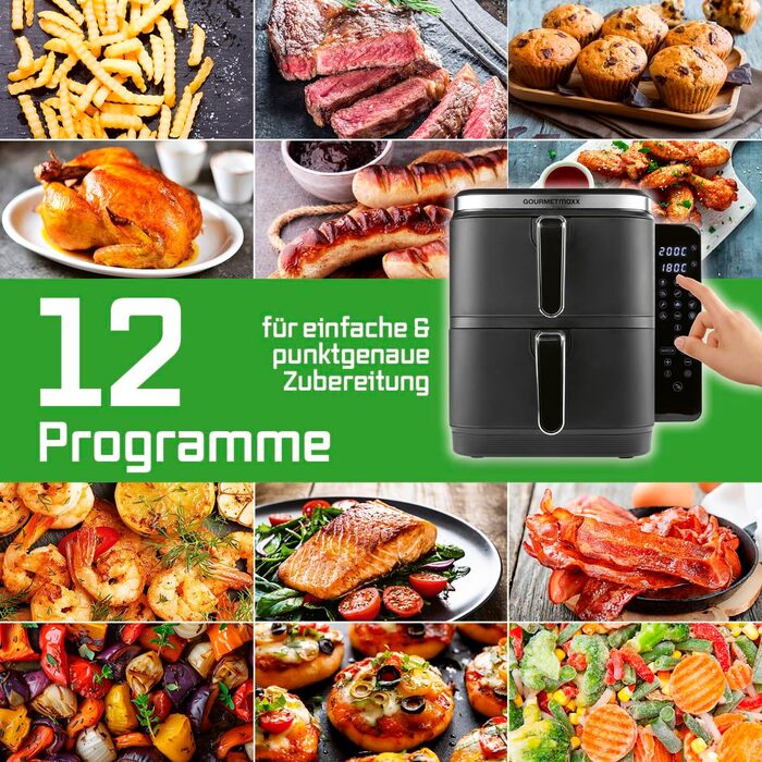 Фритюрниця повітряна Gourmetmaxx FryUp з вертикальною подвійною камерою, 10 літрів (2x5л), сенсорний дисплей