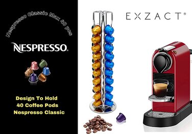 Тримач для кавових капсул EXZACT сумісний з Nespresso (40 капсул) - підставка для кавових капсул-підставка для капсул / тримач для капсул-Поворот на 360, нековзний (сріблястий)