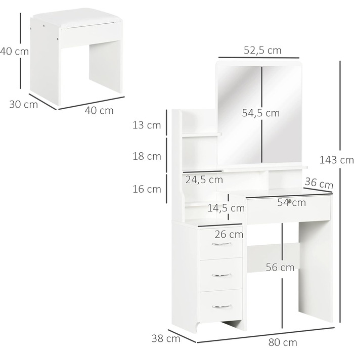 Туалетний столик HOMCOM з табуреткою, дзеркалом, висувними ящиками, захистом від перекидання, білий, 80x38x143см
