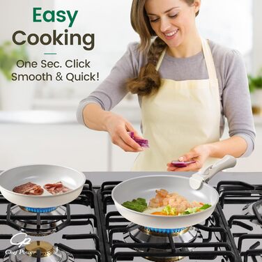 Набір кухонного посуду Chef Power Keramik, 19 частин: сковорідки та каструлі з антипригарним покриттям, без PFOA, PTFE, PFAS, для індукційних плит, сумісний з духовкою, миється в посудомийній машині, кремово-білий (Granite Grey & Cream White)