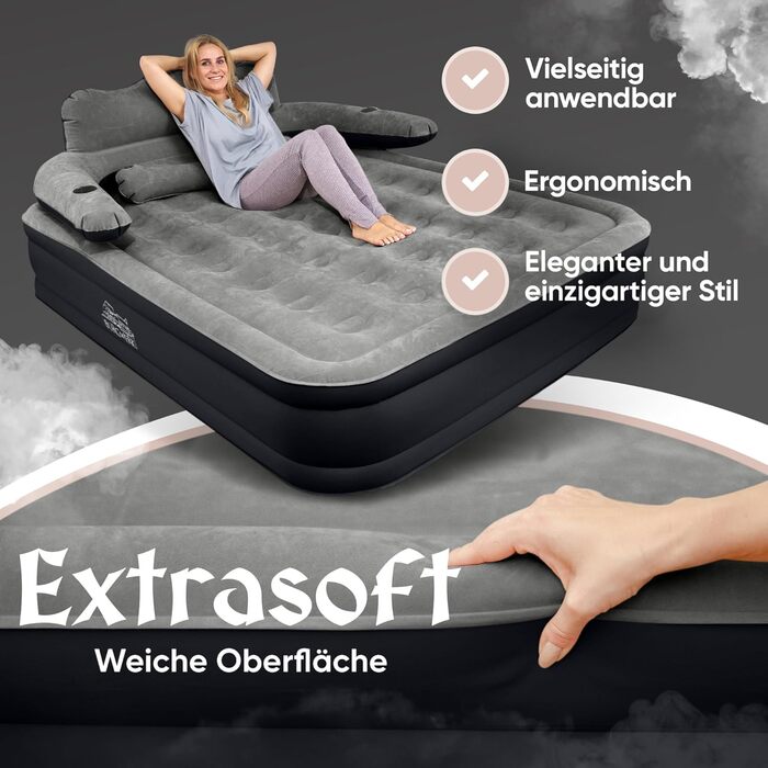 Надувне ліжко для 2 осіб [3-в-1 система] | Елегантне гостьове та кемпінгове ліжко | Надувна матрац з електропомпою 150x200 | Самостійно надувна повітряна матрац 2 особи Чорний/Антрацит