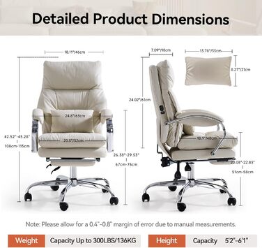 Крісло офісне EMIAH з підніжкою, комфортне крісло для роботи з підлокітниками, ергономічний крісло для начальника з PU шкіри та роликами, ігрове крісло з потовщеною подушкою, без функції масажу (Бежевий)