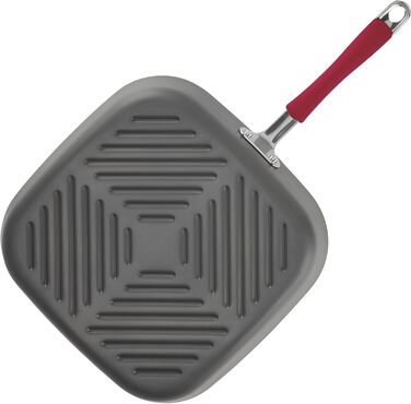 Сковорода-гриль Rachael Ray Cucina, квадратна, 28 см, з антипригарним покриттям, сіра з червоними ручками