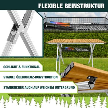 Кемпінговий стіл KESSER® розкладний, з алюмінієвим каркасом, регулювання висоти, 90x53 см, до 100 кг, з сумкою та сітчастою кишенею, (145x70 см, імітація дерева)