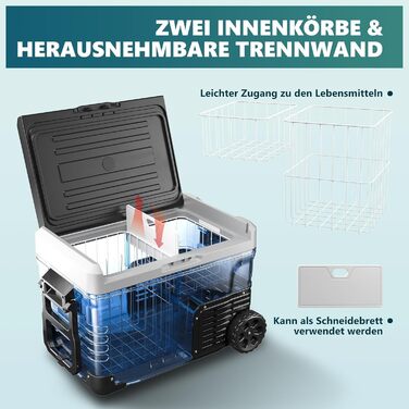 Автохолодильник EUHOMY 35л з Wi-Fi, 12/24V та 220V, портативний компресорний холодильник-морозильник (-20°C~20°C) з колесами та кошиками для подорожей, кемпінгу - чорний