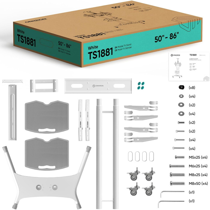 Мобільна тумба під телевізор ONKRON 50-86 дюймів, 105 кг, регульована по висоті, VESA max 800x500, біла TS1881-W