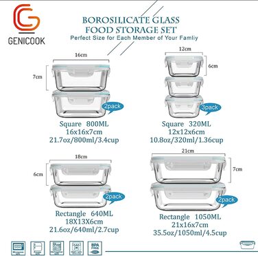 Контейнери для зберігання GENICOOK скляні з кришкою 9 шт 320/640/800/1050 мл