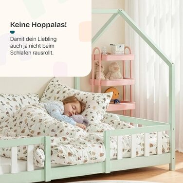 Дитяче ліжко Sisimiut Hausbett Montessori від en.casa з бар'єром безпеки. Дерев'яне ліжко для дітей, ліжко-платформа, сосна, світло-сірий/білий, 140 x 200 см (без матрацу)