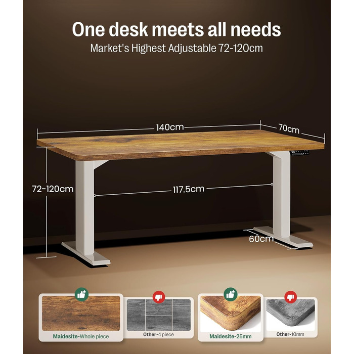 Регульований стіл MAIDeSITe S2 Pro (160x80 см) з електроприводом, 160 кг, захист від зіткнення, білий каркас + вінтажна коричнева стільниця